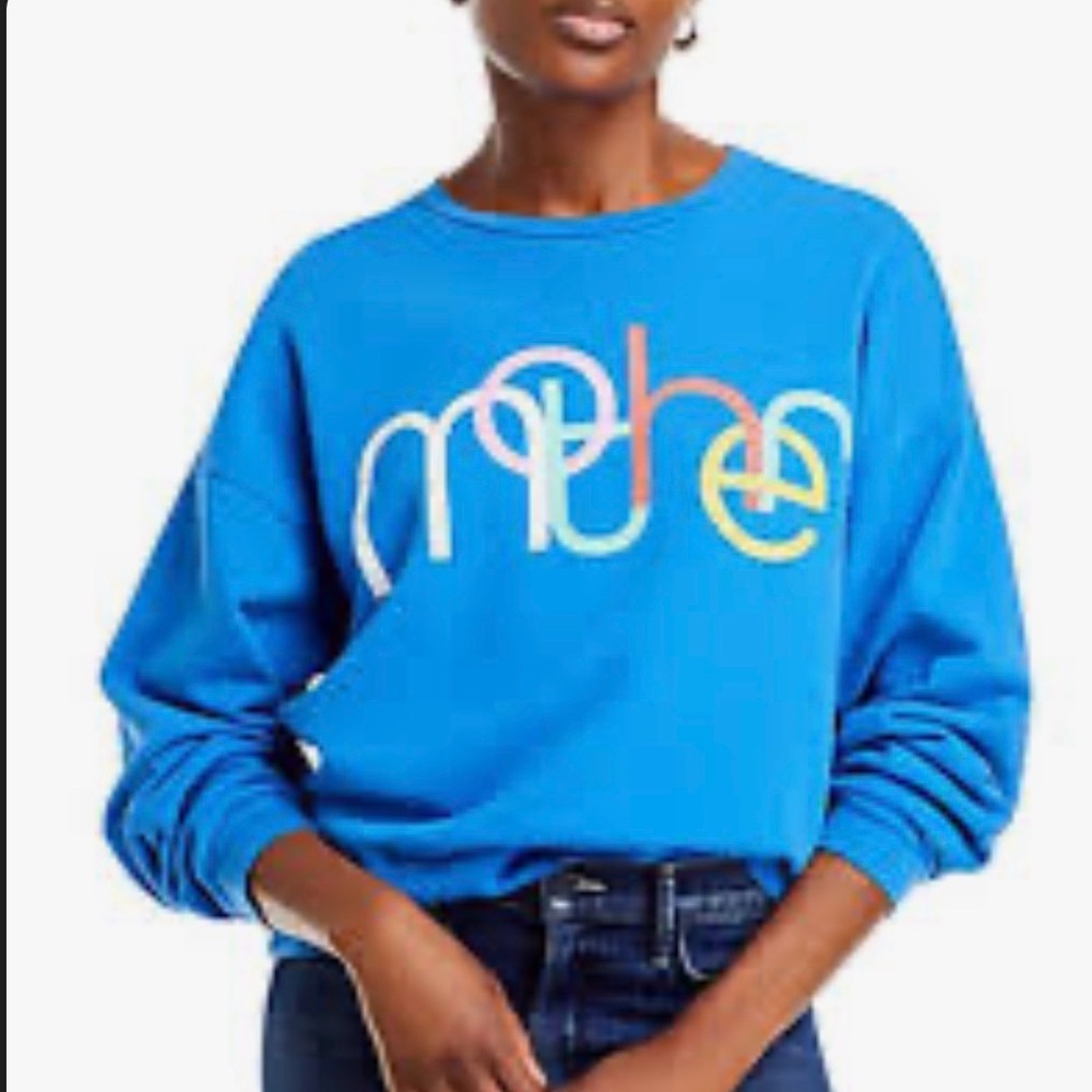 MOTHER The Drop Square Crewneck Sweatshirt blue rainbow letters XS